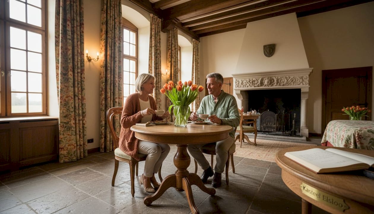 Samen genieten van een uitgebreid ontbijt op een sfeervolle, historische hotelkamer in Nederland.