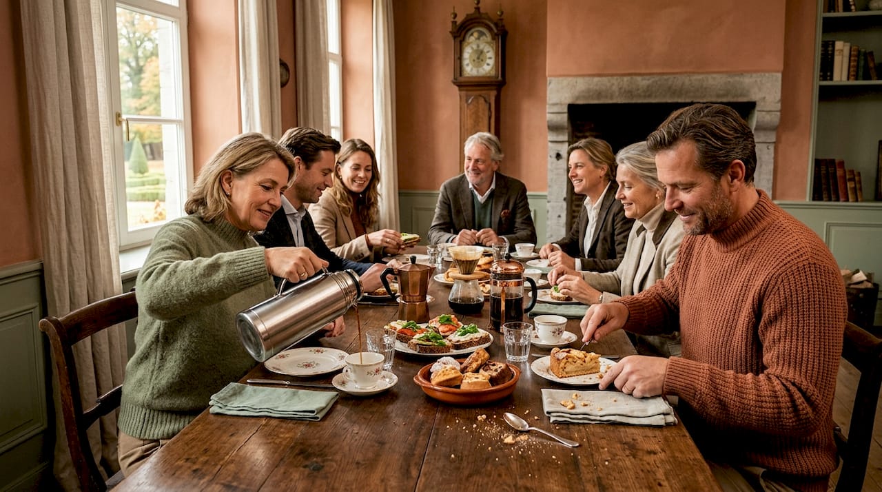 Een gezellige groep mensen zit samen aan tafel, genietend van koffie, vers brood en een lekker stukje gebak.