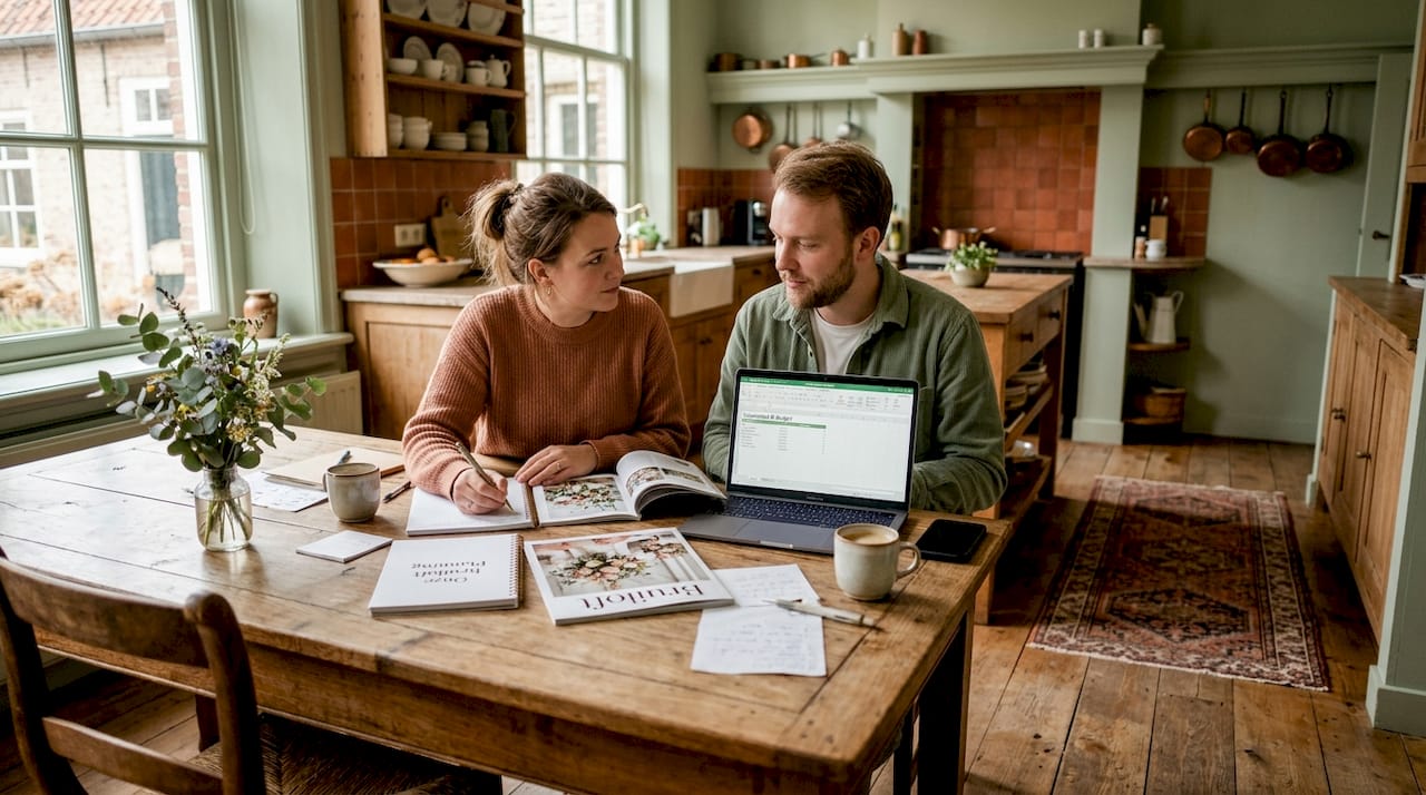 Stel plant bruiloft gezellig samen aan de keukentafel