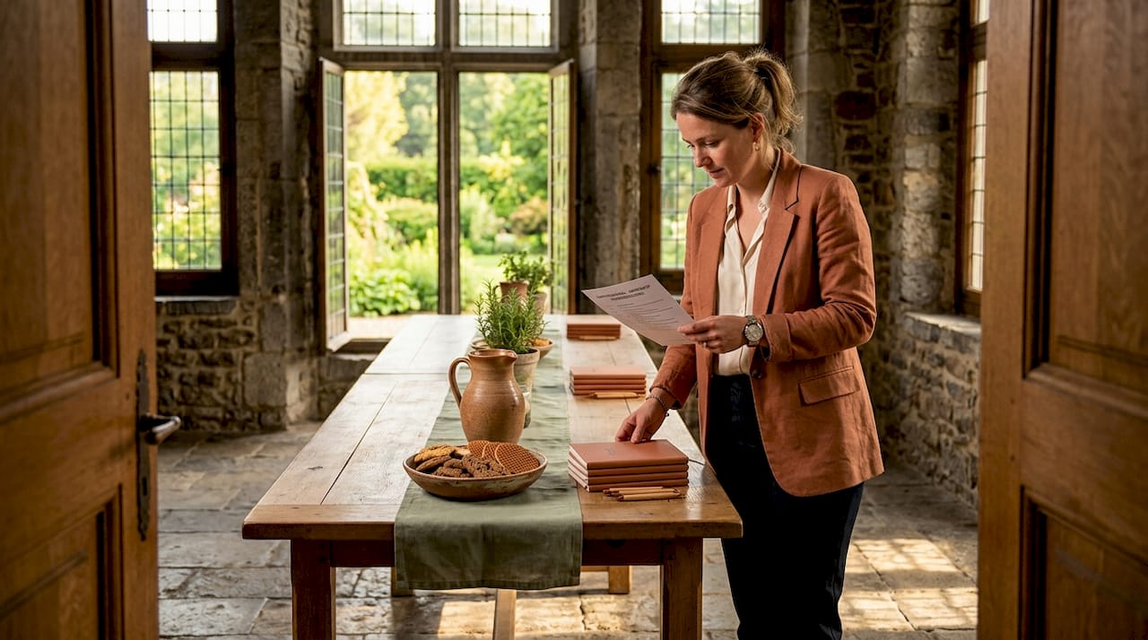 Vrouw maakt zich klaar voor een bijeenkomst in het kasteel