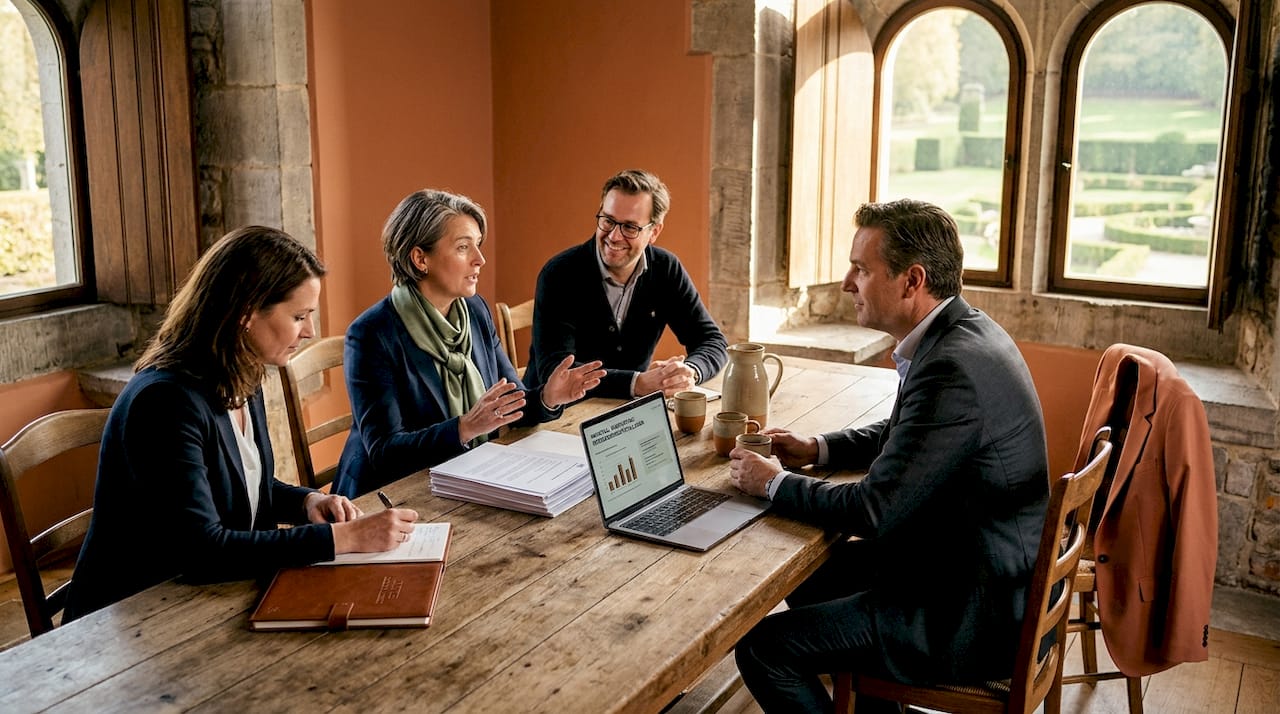 Een groep professionals komt bijeen in een vergaderruimte van een hotel om te overleggen.