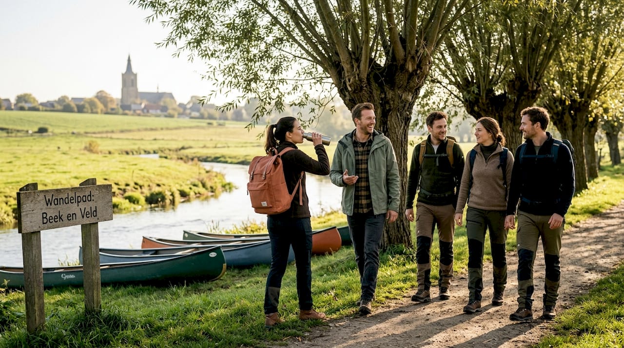 Gezellige groep verzamelt zich bij kano’s langs een Limburgse beek
