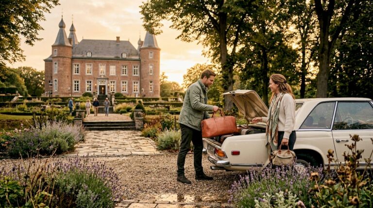 De eerste gasten komen aan bij de entree van het kasteelhotel in Nederland.