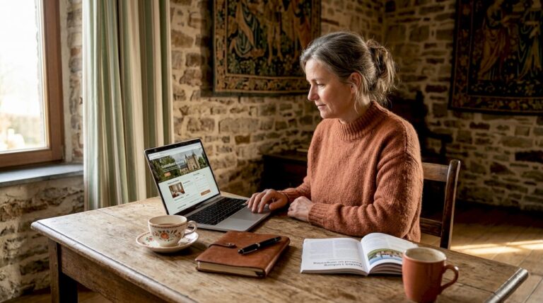 Een vrouw reserveert online een verblijf in een kasteelhotel.