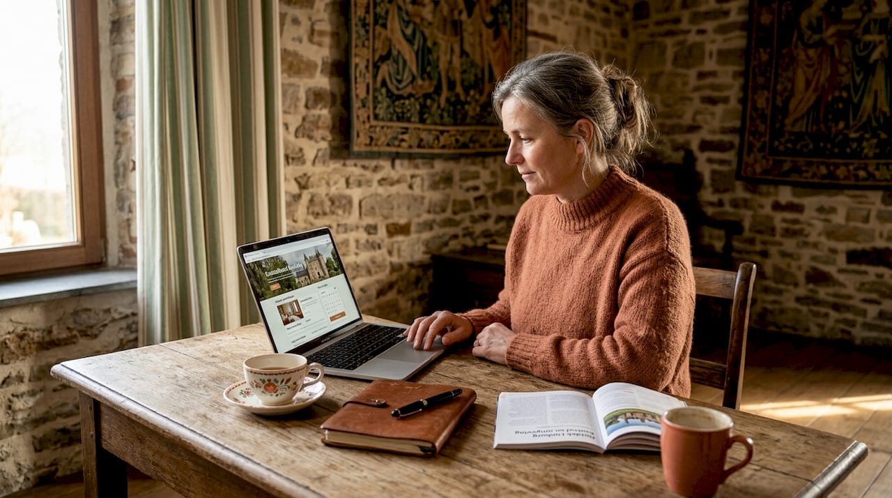 Een vrouw reserveert online een verblijf in een kasteelhotel.