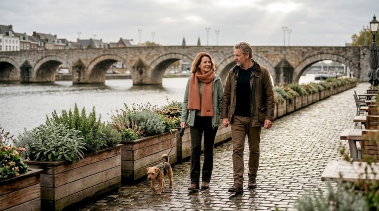 Een stel wandelt samen over de gezellige boulevard langs de Maas in Maastricht.