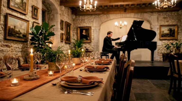 Sfeervol diner in de kasteelzaal met live muziek op het podium