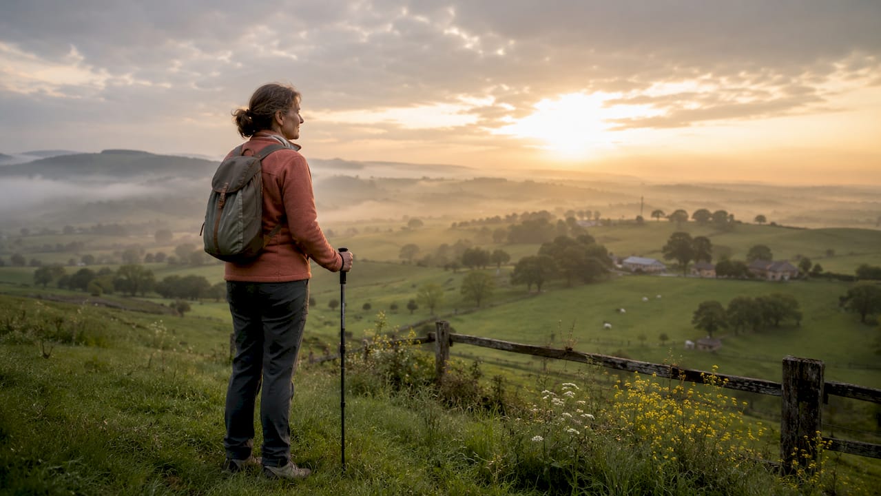 Wandelaar geniet van het glooiende Limburgse landschap