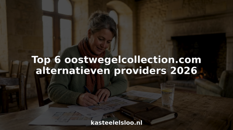 Een eventorganisator bladert door brochures terwijl hij een sfeervol kasteel als mogelijke locatie bekijkt.
