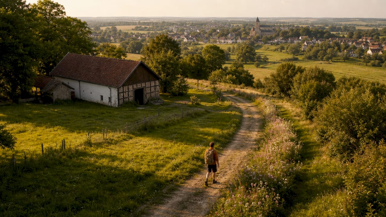 Uitzicht op het landelijke landschap met een eeuwenoud boerenpad en het pittoreske dorp Elsloo in de verte.