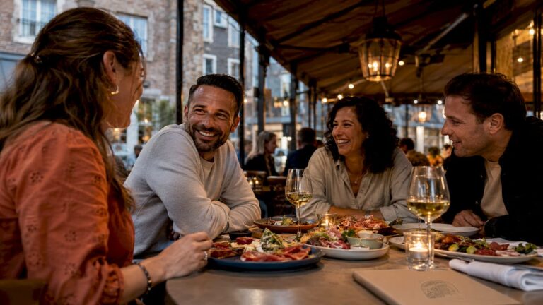 Een stel geniet samen van een diner op het terras van een restaurant aan het water, terwijl de zon langzaam ondergaat.