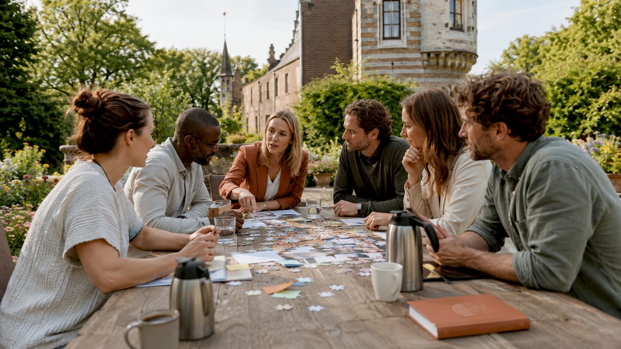 Een team dat samen leuke activiteiten doet in de grote zaal van een kasteel.